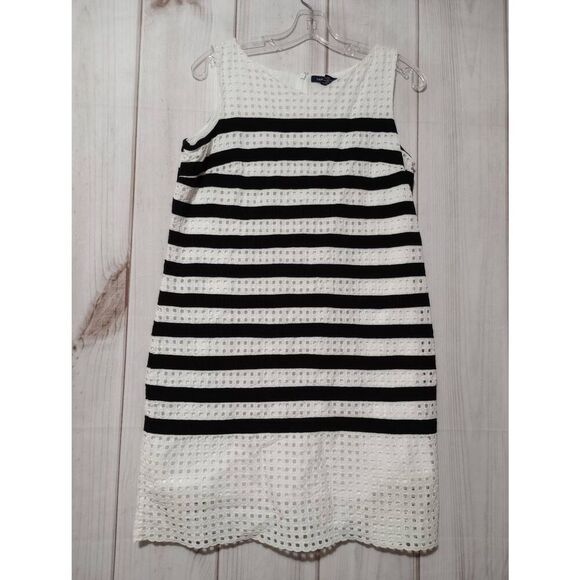 Land's End Dress Ladies 12 Petite White Black‎ Striped Sleeveless Midi - Picture 1 of 7